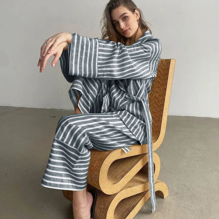 Women's Dress Sets Autumn New Striped Long-sleeved Loose Lace-up Top High-waisted Trousers Fashion Casual Suit for Women