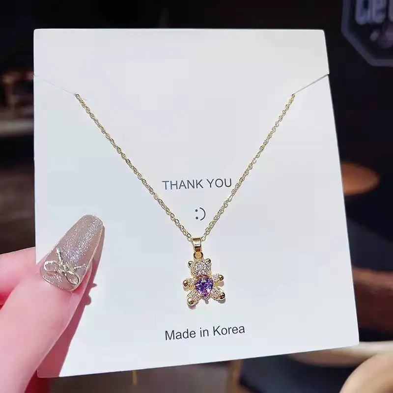 Cute Anime Necklaces For Women Crystal Bear Cartoon Pendant Necklace 2023 Luxury Clavicle Chain Fashion Korean Jewelry Wholesale