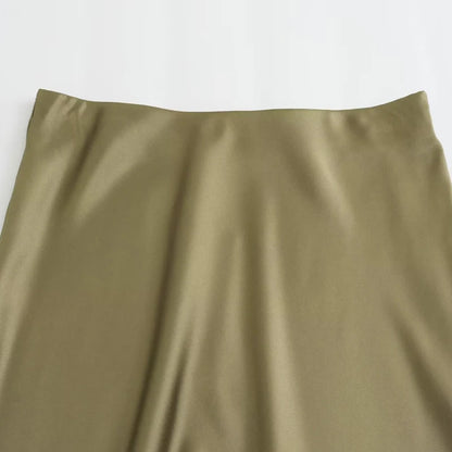 TRAF Women's Skirt Summer Elegant Satin Skirt Stylish Lady High Waist Skirts Cylinder Green Black Skirt Woman Office Street Wear