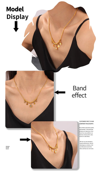 Necklace for Women Round Zircon Roman Pendant Tassel Charm Luxury Gold Plated Stainless Steel Jewelry Wholesale