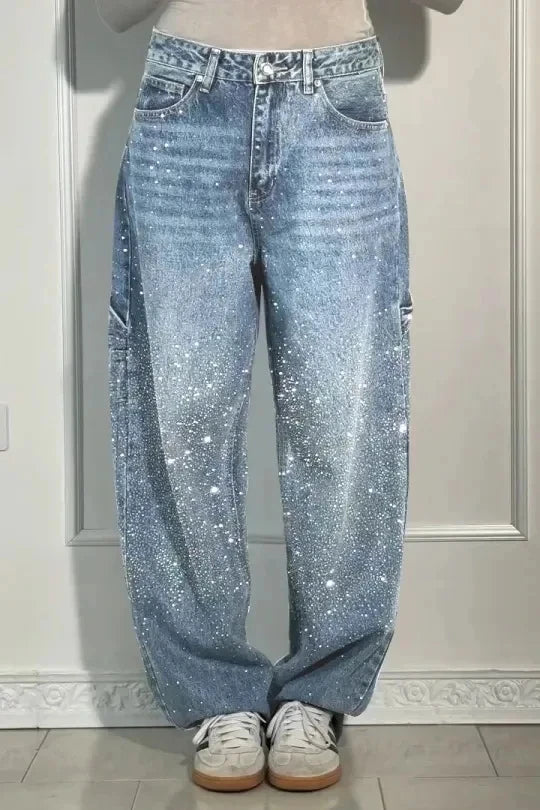 New Women Casual Hot Drilling Jeans Autumn Winter Cowboy Trousers High Waist Button Pockets Fashion Female Loose Straight Pants