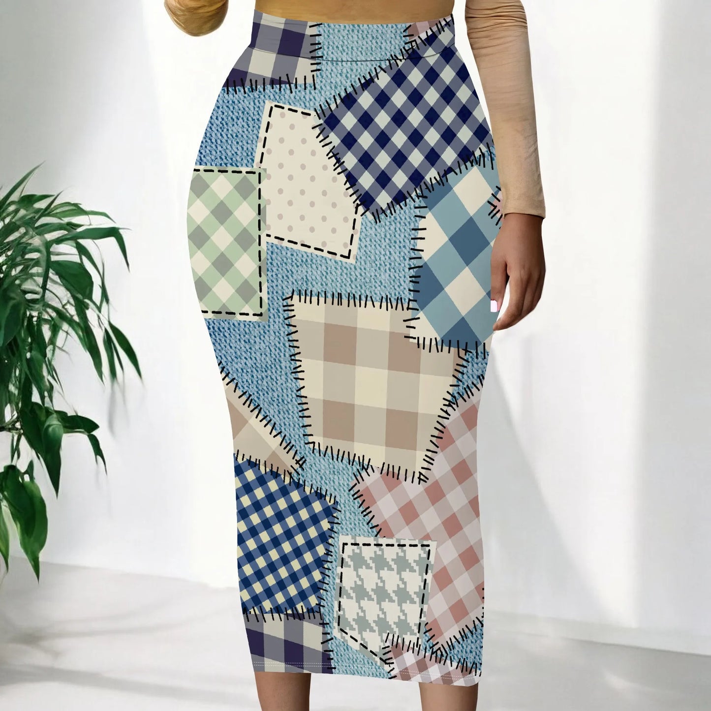 Womens Long Cotton Patchwork Stretch Denim Skirt a Line Flared Jean Maxi Skirt