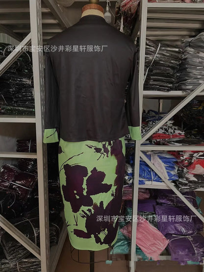 New Women Dress Sets Elegant Print Floral Higt Waist Wrapped Hip Dress and Solid Color Cardigan Tops 2 PCS Suit Office Lady Sets