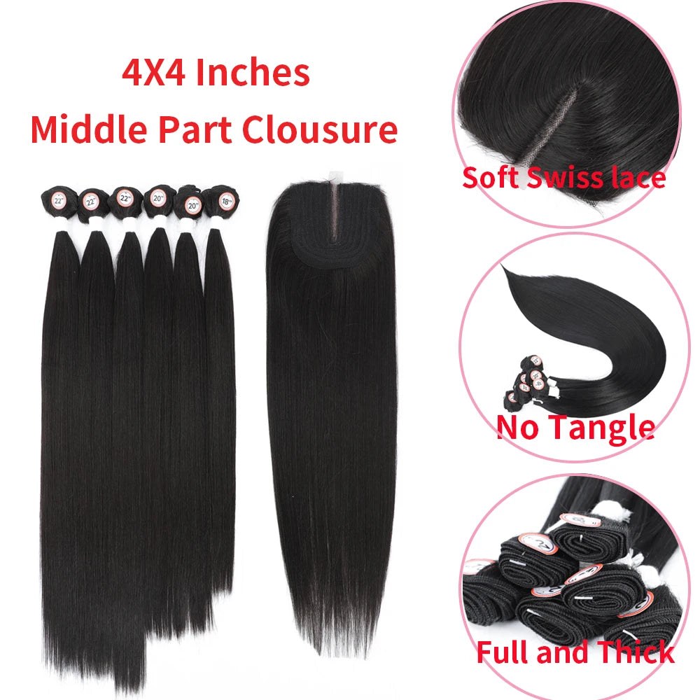 Synthetic Hair Weaving Bundles with 4*4 Clousure Lace Frontal Ombre Wig Natural Wave Straight Hair Extensions Soku Hair Weave