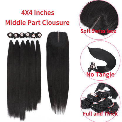Synthetic Hair Weaving Bundles with 4*4 Clousure Lace Frontal Ombre Wig Natural Wave Straight Hair Extensions Soku Hair Weave