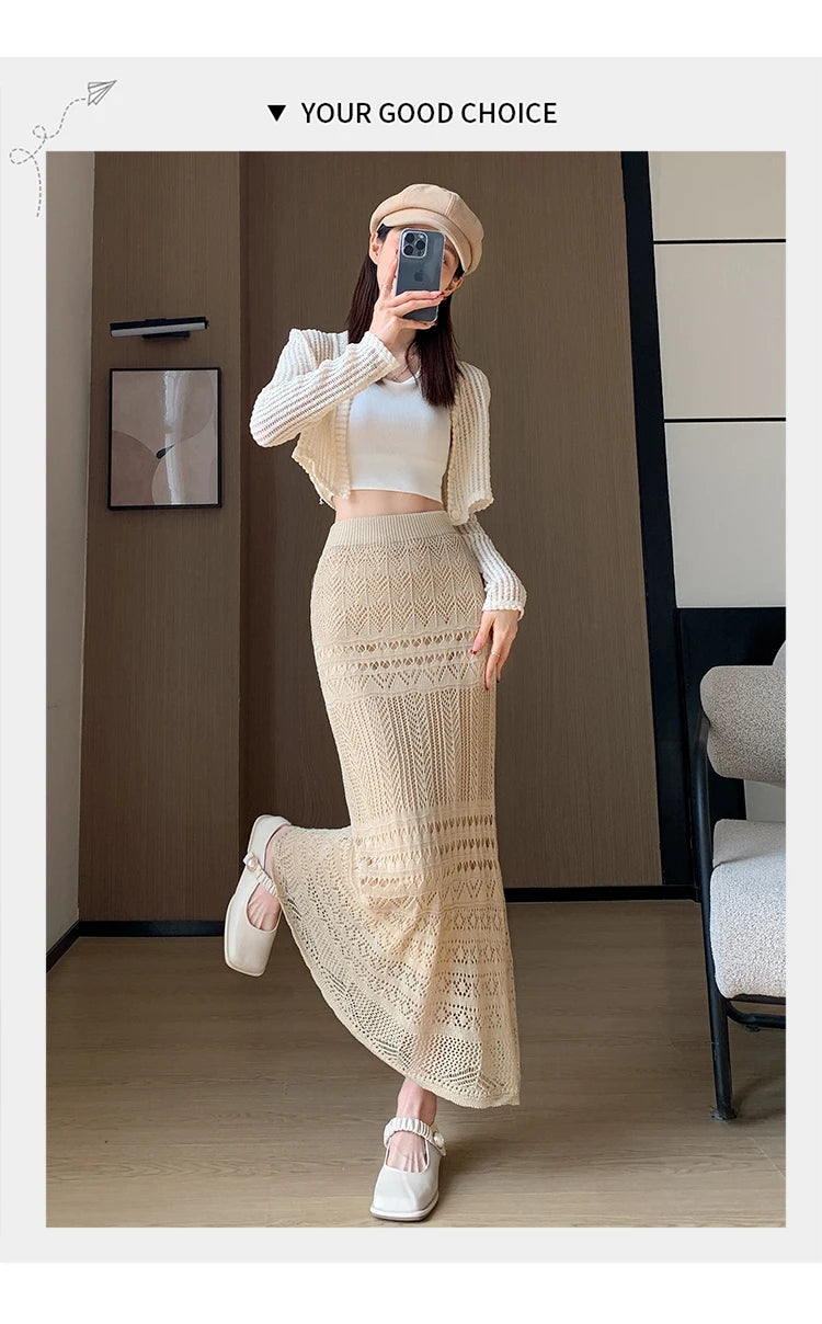 Skirts Women Trumpet High Waist Long Skirt Female Summer Elegant Knitted Hollow Out Fahison Skirt Bottom