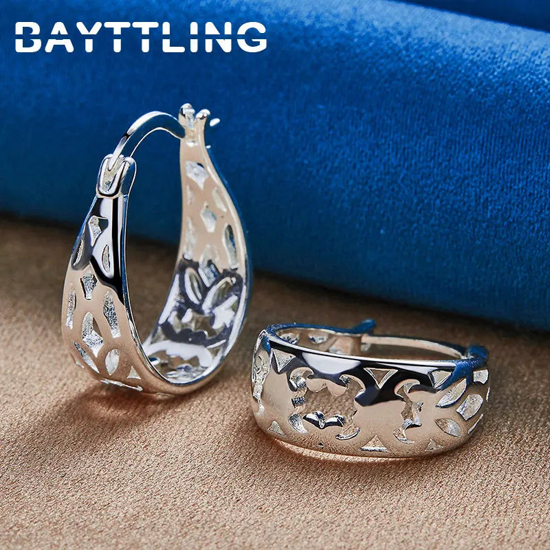 New Fashion 925 Sterling Silver 20MM U Earrings For Women Beautiful Pattern Jewelry Wedding Party Favors Accessories