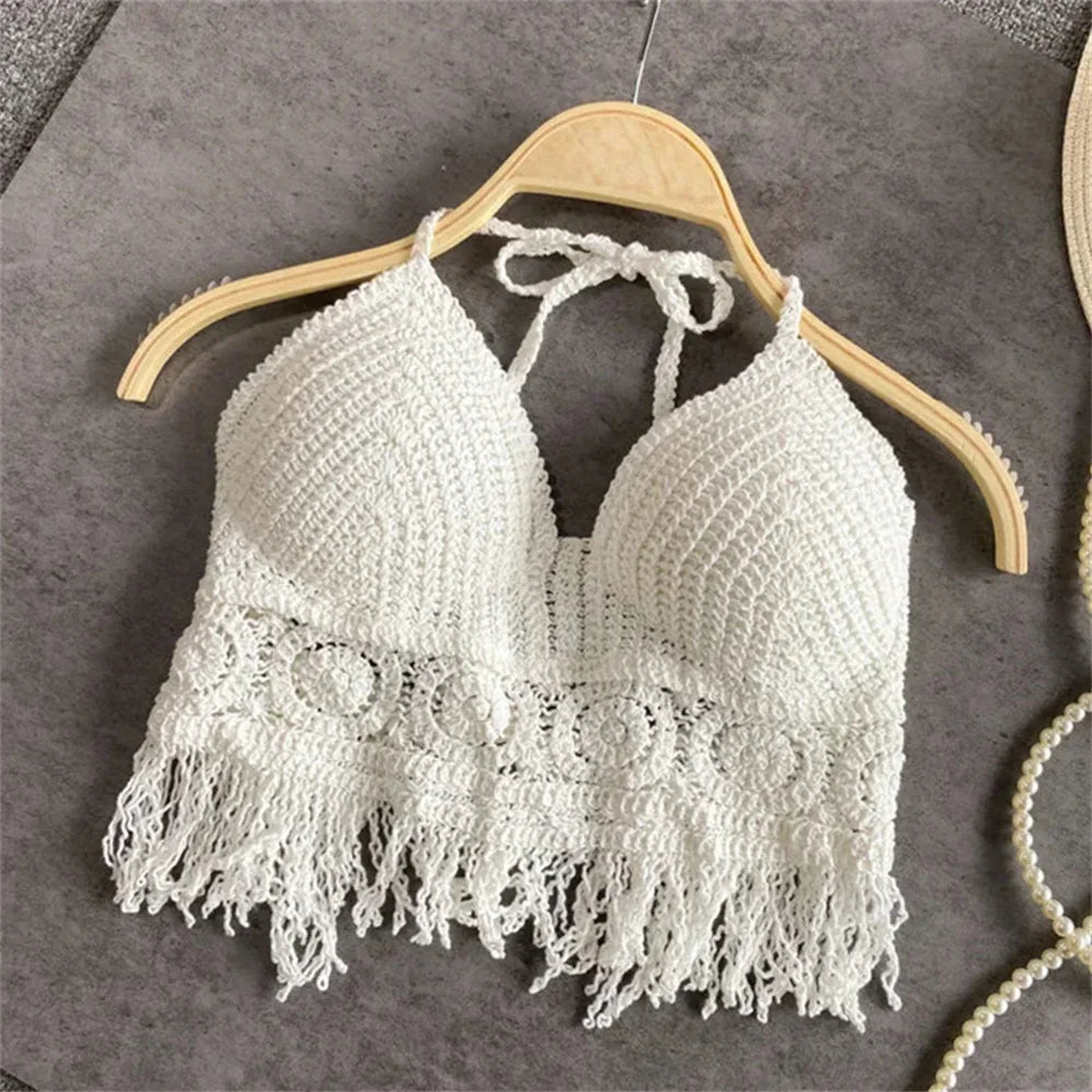 Women Summer Beach Boho Crop Tops Sexy Y2K Knitted Backless Hollow Out Tank Tops Crochet Tassels Hem Halter Bras Bustier Top