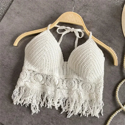 Women Summer Beach Boho Crop Tops Sexy Y2K Knitted Backless Hollow Out Tank Tops Crochet Tassels Hem Halter Bras Bustier Top