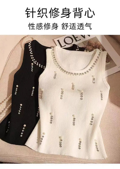 2025 New Women Vest Top Design Heavy Beads Diamonds Slim Vest Coat New Ice Silk Knitted Camisole Undershirt Women's Tops Summer