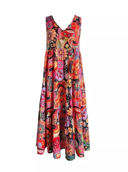 Fashion Floral Print Dress For Women Casual V Neck Sleeveless Loose Dresses Robe Femme Boho Holiday Womens Clothing Summer New