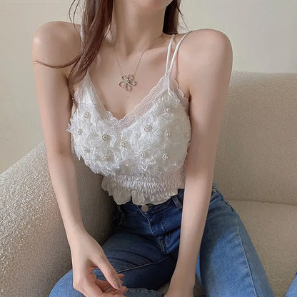 Summer Woman Clothes y2k Tops French Diamond Appliqué Camisole Bottoming Shirt Lace Crop Top Women's Folds Spaghetti Strap Tops