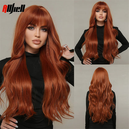 Long Wavy Wine Red Synthetic Wigs Natural Wave Afro Wigs With Bangs for Black Women Cosplay Costume Wig Heat Resistant Fiber