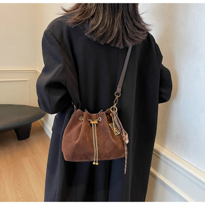 Women Vintage One Shoulder Bag Frosted Solid Drawstring Soft All-Match Bucket Bags High-Grade Versatile Commute Crossbody Packs