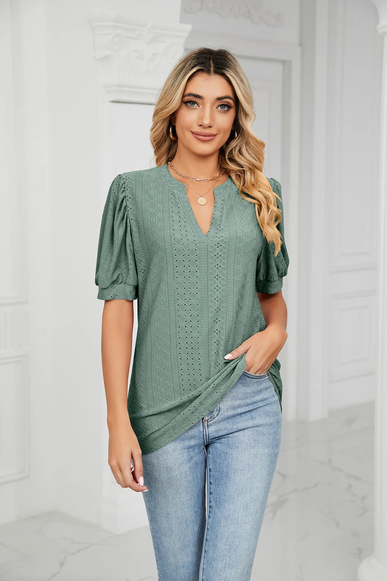 Womens Tops V Neck Ruffle Sleeve Blouses Short Sleeve Casual Tops T-Shirts for Women Autumn Winter