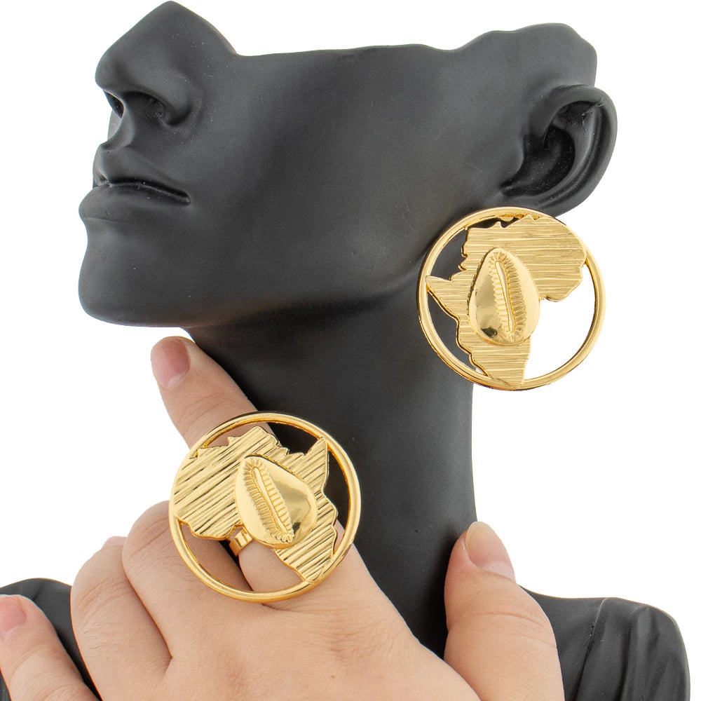 Earrings Jewelry Set for Women African 18k Gold Color Earrings with Ring Unusual Design Ear Accessories Girls Lover Daily Gifts