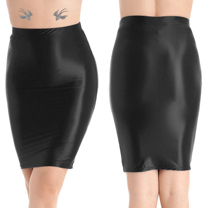 Mini Skirts Skirt For Women Autumn Bodycon Clubwear Glossy Shiny Stretchy Summer Tight Fitting High Waist Knee-length