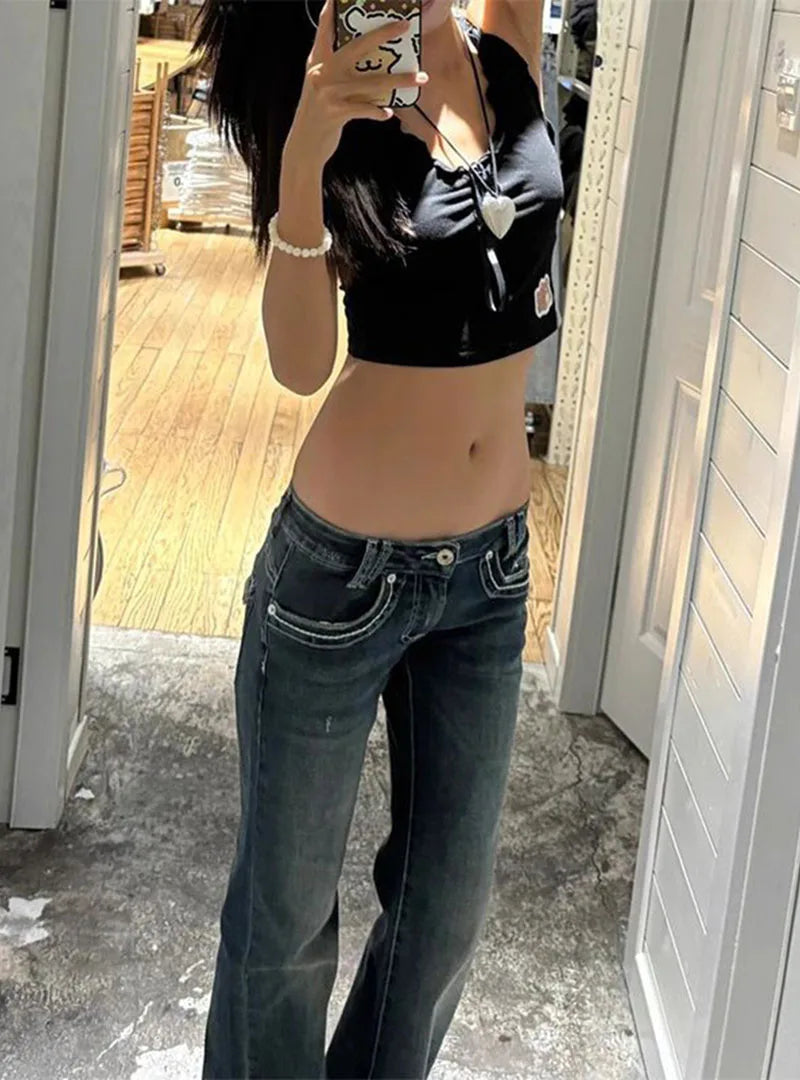 Vintage High Street Low-Waisted Jeans Women 2025 New All-Match Wide Leg Y2K Denim Trousers Female Sexy Slim Fit Flares Pants