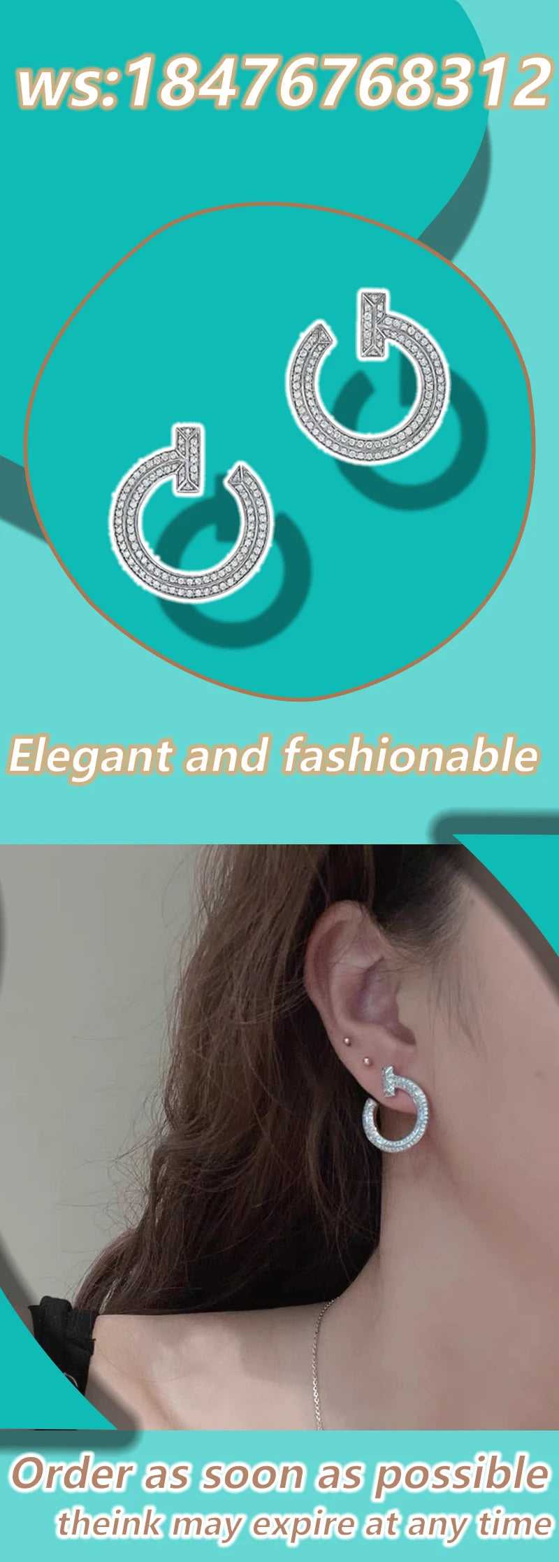 T design diamond studded round earrings made of pure silver S925, delicate and elegant temperament earrings T series gift