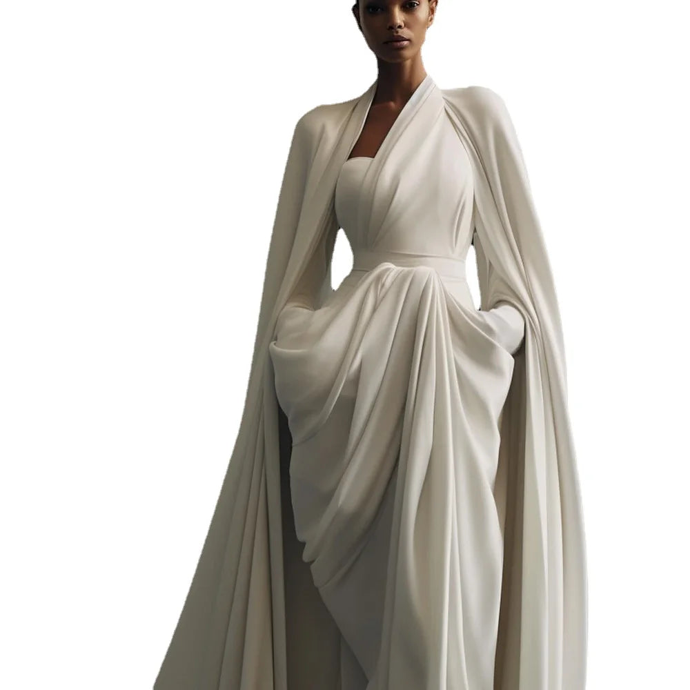 White Women Prom Dresses Elegant A-line Long Sleeves Floor Length Simple Warm Designer High-end Fashion Evening Party Gowns