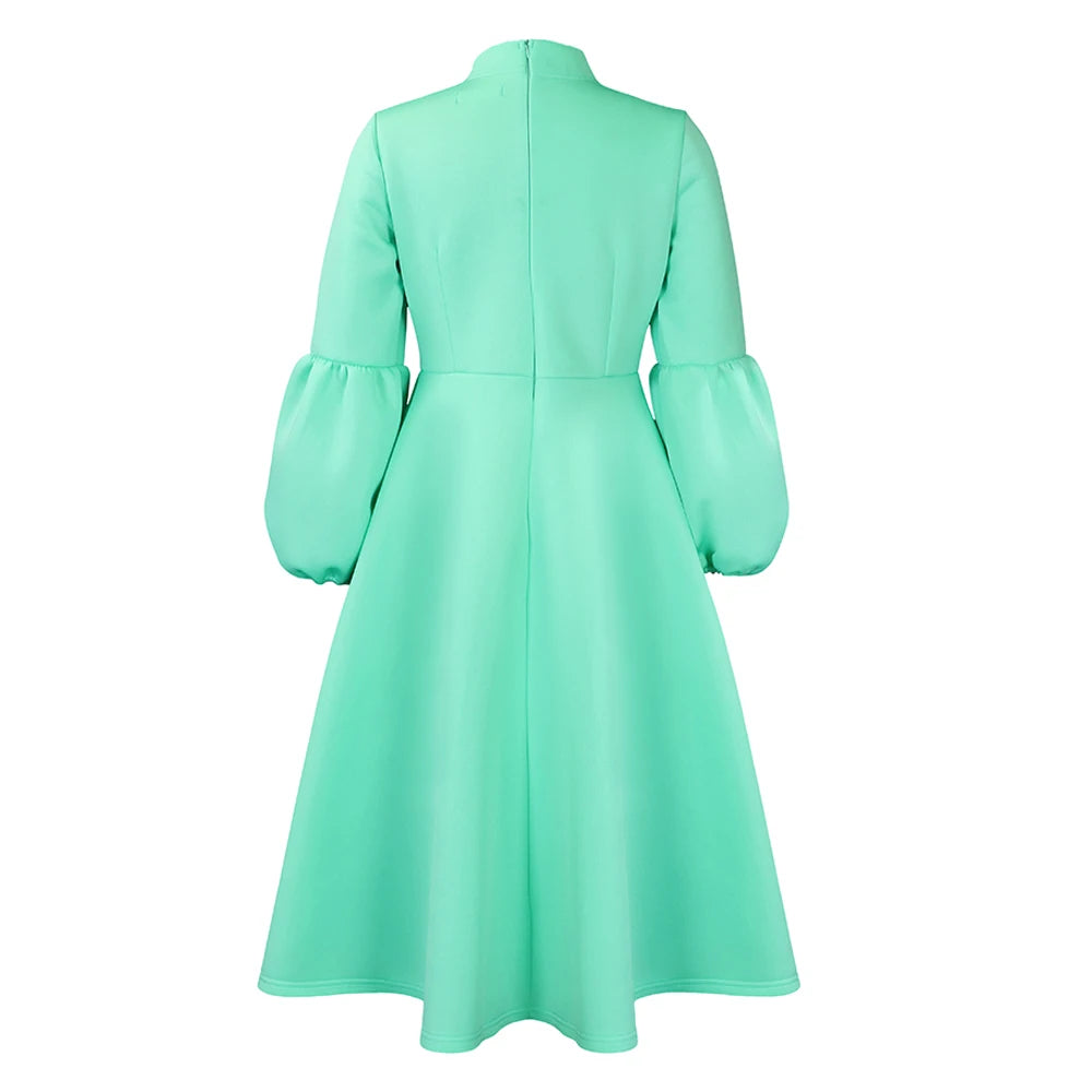 Elegant Dresses for Women Bow Collar Full Sleeve High Waisted A Line Mid Calf Luxury Female Birthday Party Dinner Vestidos Mujer