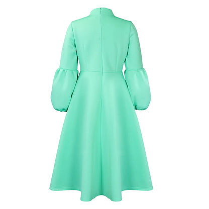 Elegant Dresses for Women Bow Collar Full Sleeve High Waisted A Line Mid Calf Luxury Female Birthday Party Dinner Vestidos Mujer