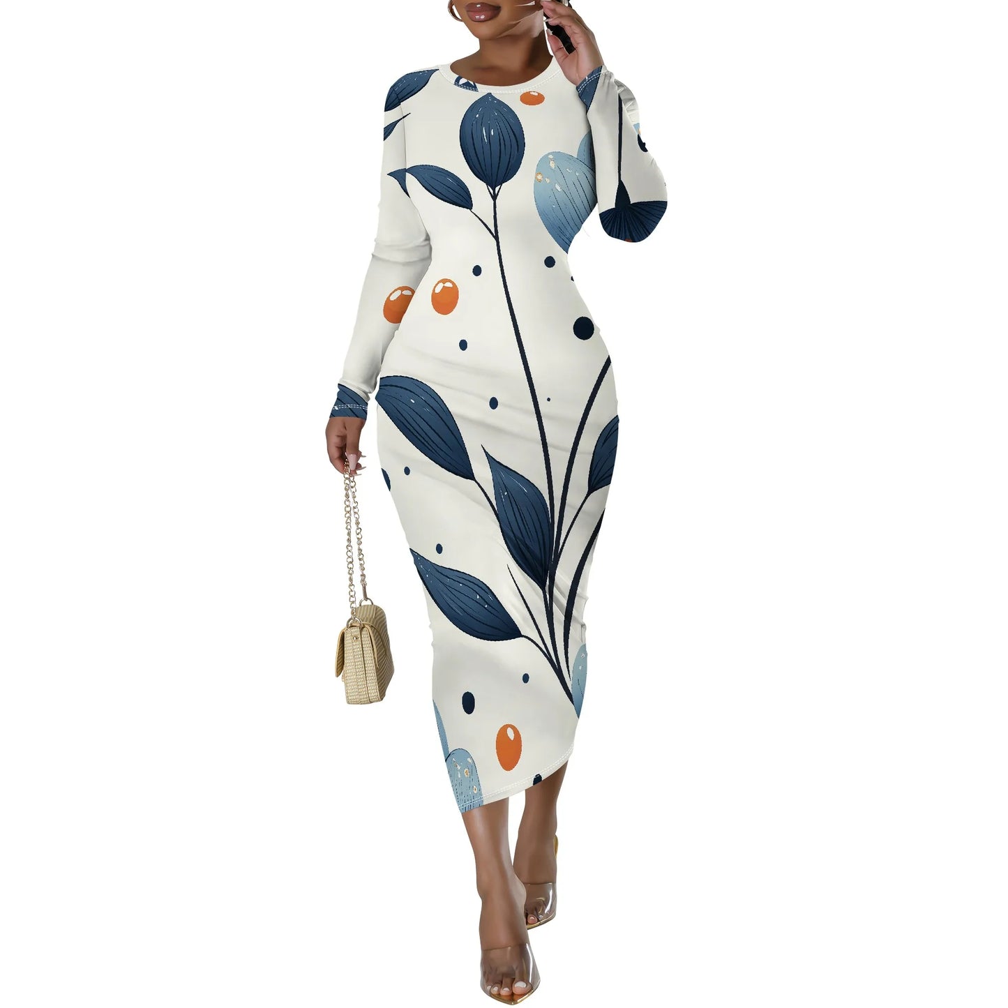 Date Night Dresses for Women Floral Print Crewneck Long Sleeve Stretchy Fitted Bodycon Maxi Dress