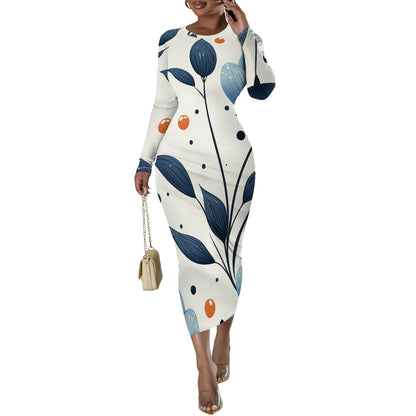 Date Night Dresses for Women Floral Print Crewneck Long Sleeve Stretchy Fitted Bodycon Maxi Dress