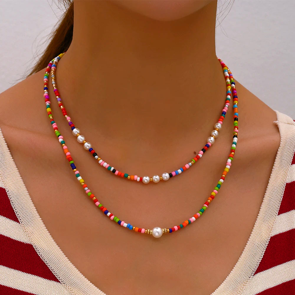 Bohemian Handmade Colorful Beads Chain Fashion Necklaces Tassels Pearl Pendant Jewelry For Women Accessories N0368