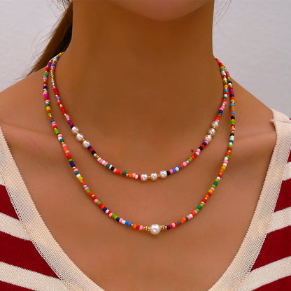 Bohemian Handmade Colorful Beads Chain Fashion Necklaces Tassels Pearl Pendant Jewelry For Women Accessories N0368