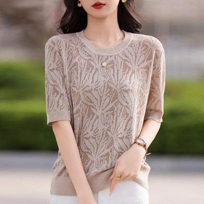 T-shirt Women Tops Summer 2025New Clothing Body O-neck Half Sleeve Tees Shirt  Solid Color Maple Leaf Pattern Casual Fashion Top