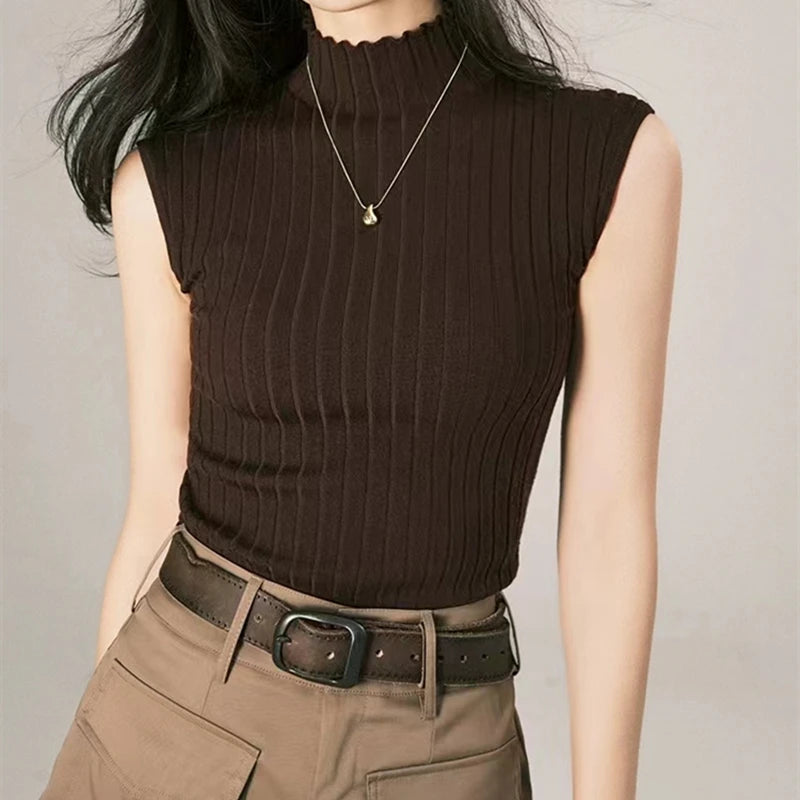 Black Tank Tops Women Sleeveless Knitted T-Shirts Crop Tops Female Elastic Slim Vests Casual 2025 Summer Spring Pullover Camis