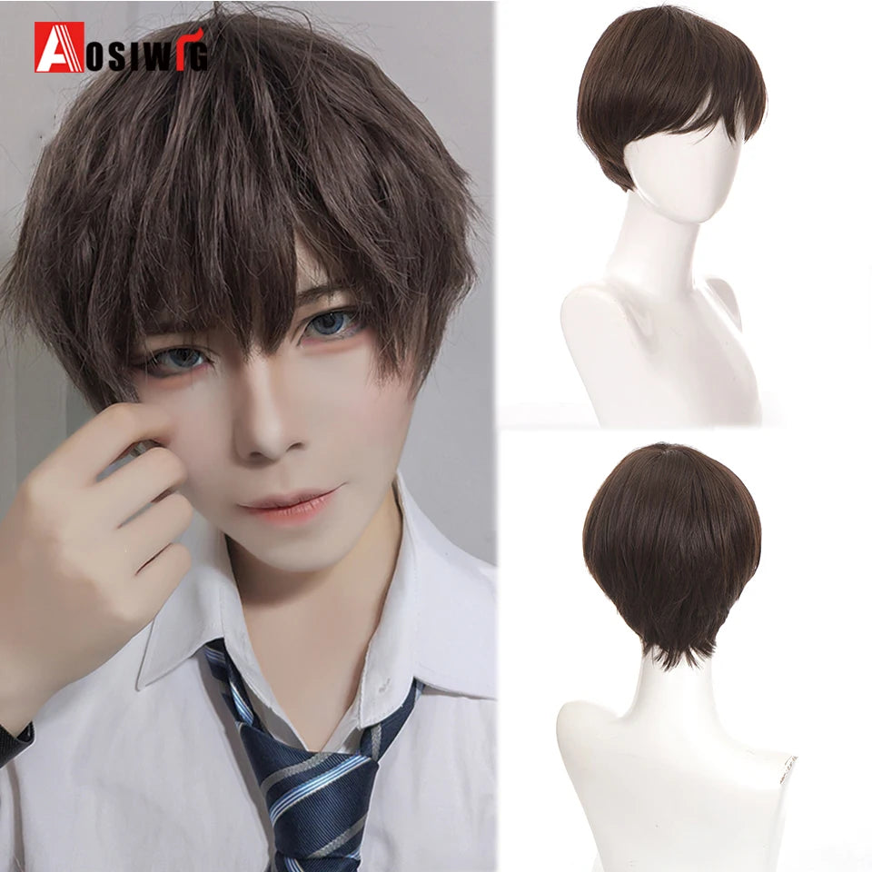 AOSIWIG  Short Curly Cosplay Men Boy Party Light Yellow Synthetic Heat Resistant Hair Wigs Men's Breathable Wig