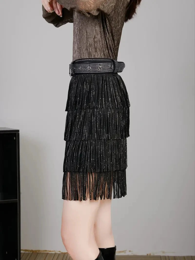 Women Skirt Fashion 2025 New Autumn High Waist Belt Multi Layer Short  Heavy Drilling Rhinestones Fringed Skirt with Cake A Line