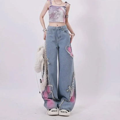 Denim Pants for Women Butterfly Gyaru Womens Jeans Embroidered 90s Loosefit 2025 Fashion Trousers Pant Cool Stretched Wide Leg Z