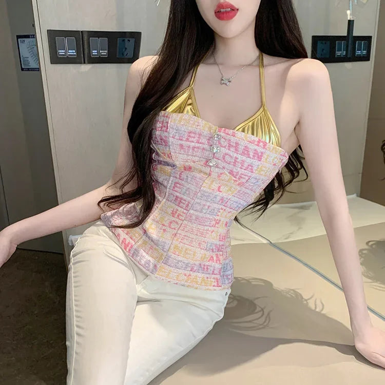 Women's top 2025 summer chic sexy socialite style pink Twed design sense strapless hanging neck vest