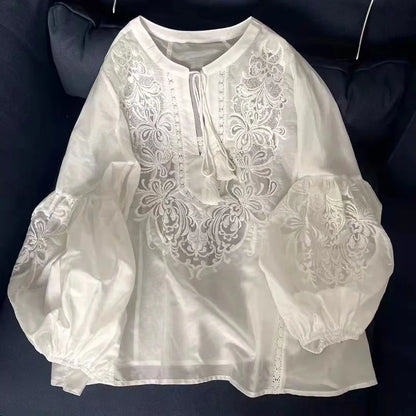 Tops Fashion Designer Blouses 2024 Spring Summer Tops Women Lurex Embroidery Long Sleeve Casual Loose White  Cotton Blouse