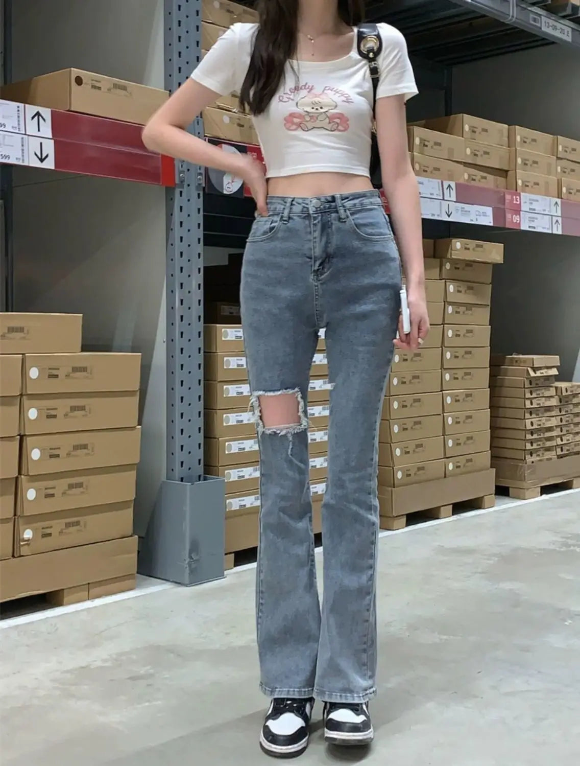 Denim Pants for Women Blue Womens Ripped Jeans Slim Fit Straight Leg Bell Bottom Trousers Original Emo Wholesale Stylish Wide A