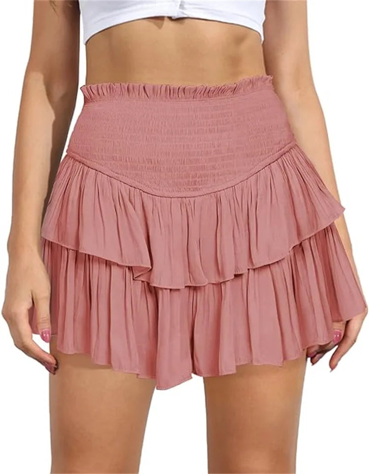 Women's High Waist Ruffle Pleated Mini Skirts Solid Lined Layered Flared Flowy Casual Swing Summer Boho Beach Mini Short Skirt
