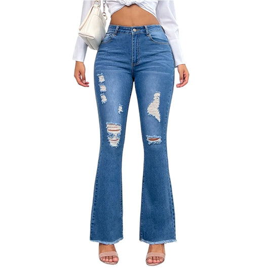 2025 New Spring Women's Ripped Jeans Cotton Slim High Waist Solid Color Sexy Denim Pants Fashion Street Flared Pants