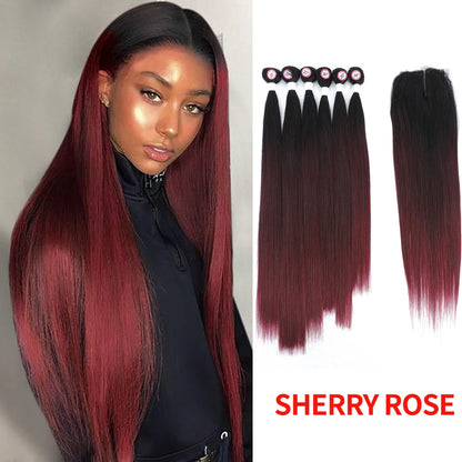 Synthetic Hair Weaving Bundles with 4*4 Clousure Lace Frontal Ombre Wig Natural Wave Straight Hair Extensions Soku Hair Weave