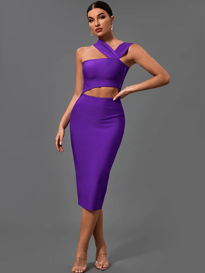 Bandage Dresses for Women 2022 Purple Bodycon Dress Evening Party Elegant Sexy Cut Out Midi Birthday Club Outfit Summer New