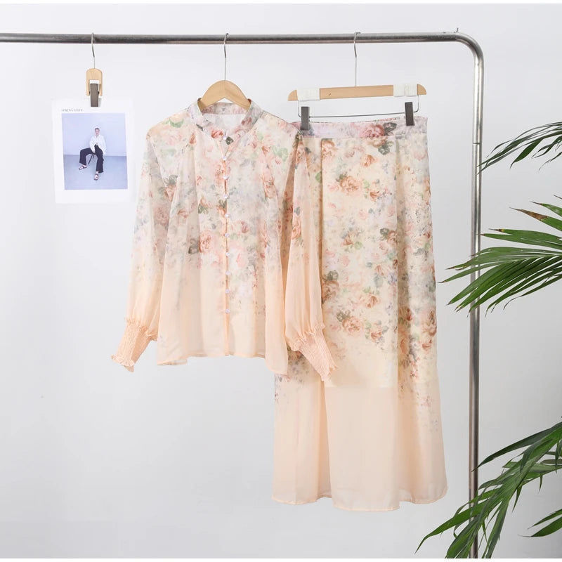 Elegant Floral Printed Long Skirts Set Women Loose Full Sleeve Single Breasted Shirts Pleated Skirt 2025 Summer Lady New Suits