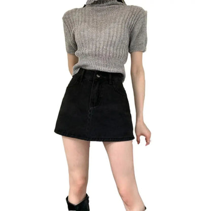 Fashion High Waist Mini Skirt Retro Slim Fit Short Skirt A-Line Casual Jean Skirt Girls
