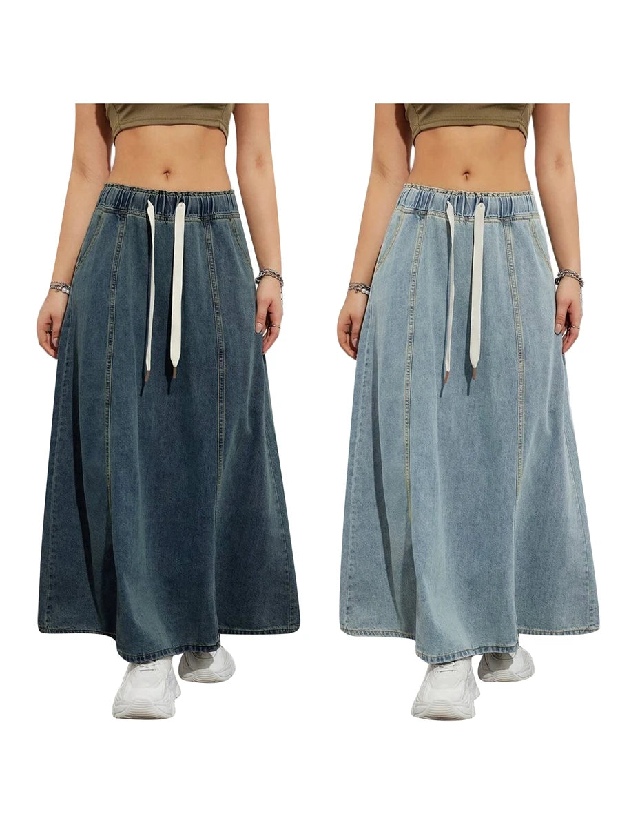 Harajuku Denim Skirt y2k Aesthetic Elastic Drawstring High Waist A Line Flare Jean Skirt Ladies Vintage Skirts Streetwear