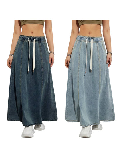 Harajuku Denim Skirt y2k Aesthetic Elastic Drawstring High Waist A Line Flare Jean Skirt Ladies Vintage Skirts Streetwear