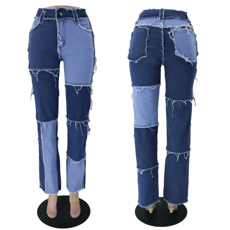 2025 Hot Sale Mixed Color Patchwork Jeans For Women Fashion High Stretch Denim Straight Pants Street Hipster Trousers XS-2XL