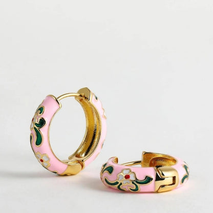 New Fashionable Colorful Round Earrings Retro Metal Enamel Floral Ear Accessories Unique Party Jewelry Gift for Women