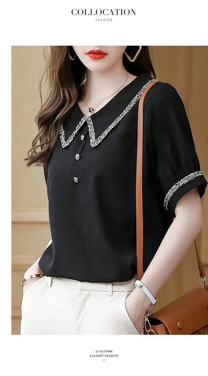 Top for Woman Office Outfits Clothing Black Women's Shirts and Blouses Chiffon Wear To Work Formal Collar Short Sleeve New 2024