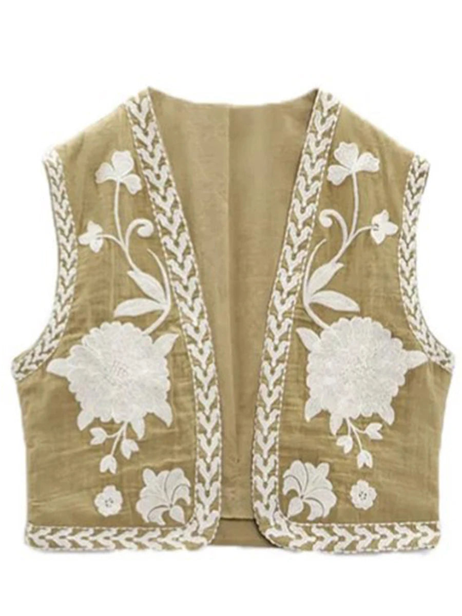 Women Vintage Embroidered Crop Vest Top Y2K Boho Floral Sleeveless Open Front Cardigan Flower Linen Vest Waistcoat Gilet Outwear